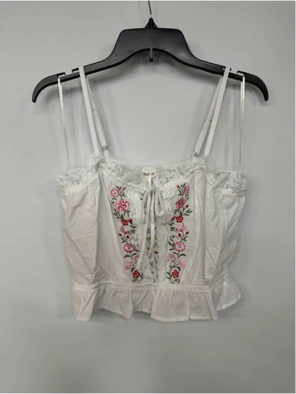 Medium Self Esteem White Floral Embroidered Lace Peplum Cami Top